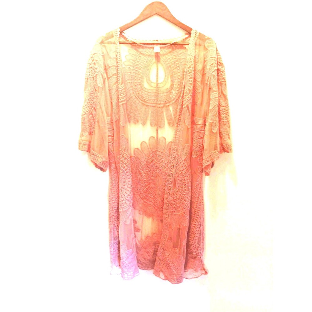 Dusty Rose Lace Mesh Open Front Kimono Cardigan Boho Festival Sheer Cover Up S/M